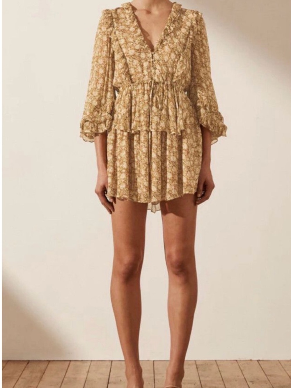 Shona Joy Beige Floral Ruffle Mini Dress